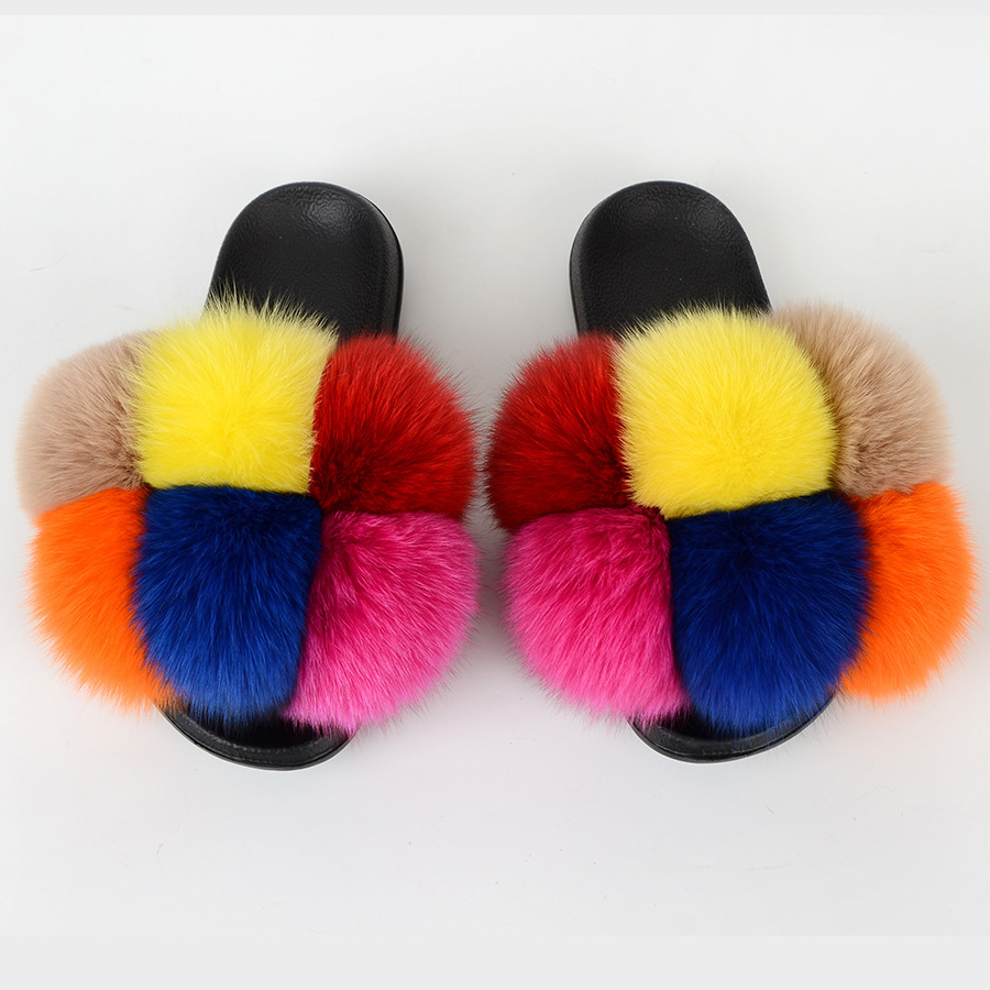 Zapatillas de bola de piel Zapatillas de bola de piel de ratón de zorro real Zapatillas de piel Zapatillas de piel Zapatillas de una palabra Sandalias y zapatillas