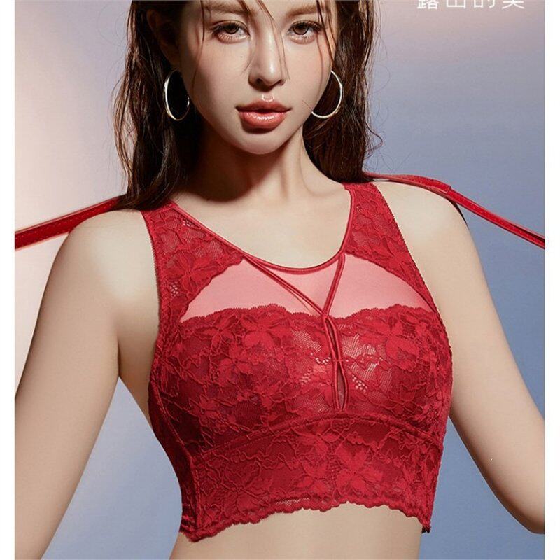 Sexy French-style hollow lace wireless bunny ear bra, thin design, minimizes large busts, gathers side breasts, and provides support