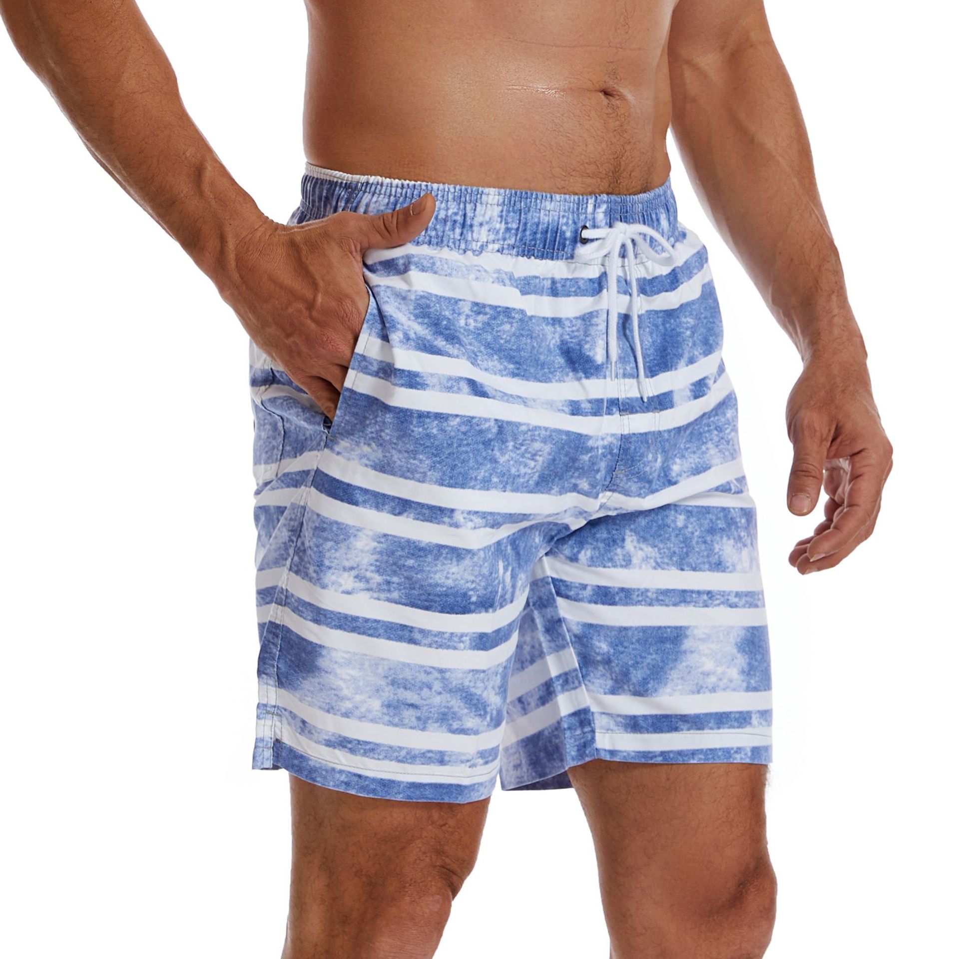 Sneldrogende strandgestreepte zwembroek met print, gewassen stof, grote vrijetijdsshort voor heren_voghion.com