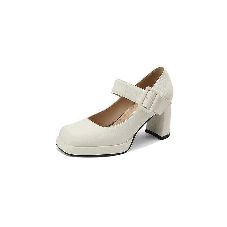Square head shallow-cut line with waterproof platform chunky heels Mary Jane square buckle shoes_voghion.com