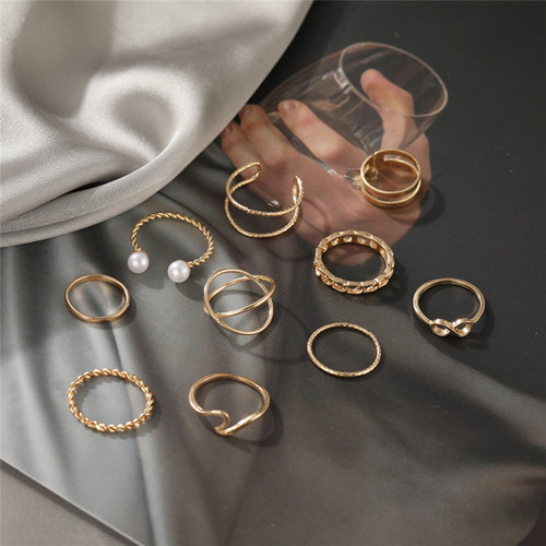 速卖通跨境ins冷淡风合金10件套戒指套装创意简约珍珠关节戒金色