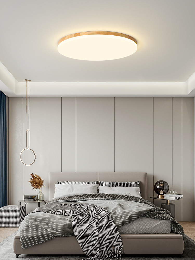 臥室吸頂燈北歐圓形led實木超薄主臥書房燈簡約現代日式原木燈具
