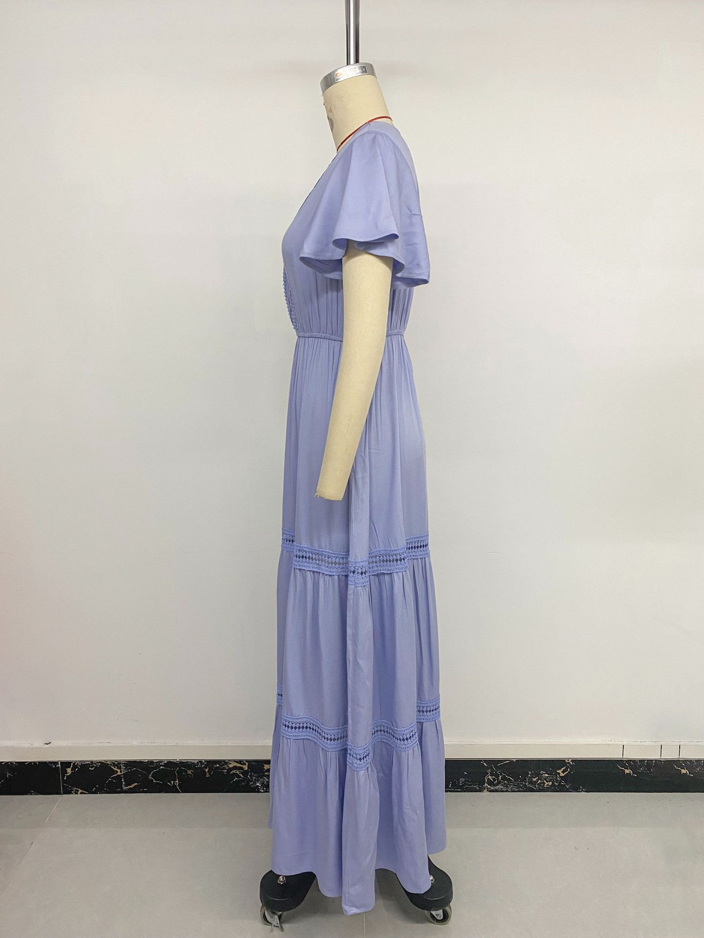 Women's Clothing Elegant Style Women's Long Sleeve Lace Ruffle Sleeve V Neck Solid Color Dress Full Skirt Fashion_ecoleips.com