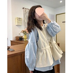 甜美风套装女减龄蝴蝶结系带圆领马甲衬衣叠穿长袖衬衫两件套女潮
