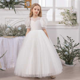 跨境女童长款晚礼服钢琴演出生日派对泡泡袖蓬蓬裙花童婚纱公主裙