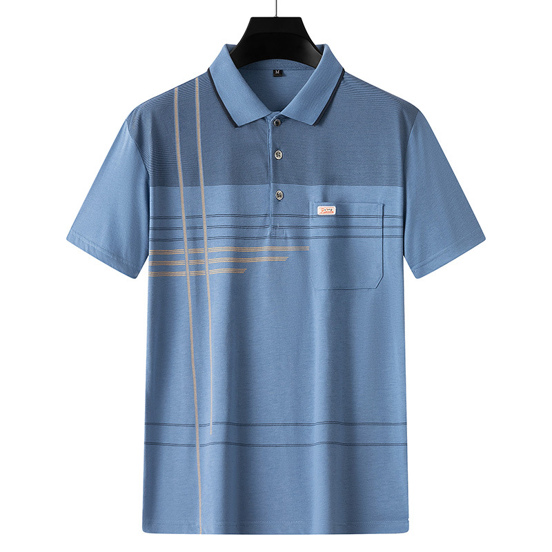 De mediana edad impreso Polo camisa de manga corta de los hombres de solapa papá verano camiseta a rayas de algodón mercerizado camiseta ropa de los hombres al por mayor
