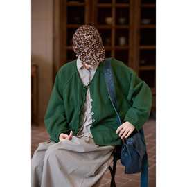 球季新款文艺复古原创沉松绿长绒休闲宽松上衣棉柔润Q弹针织开衫