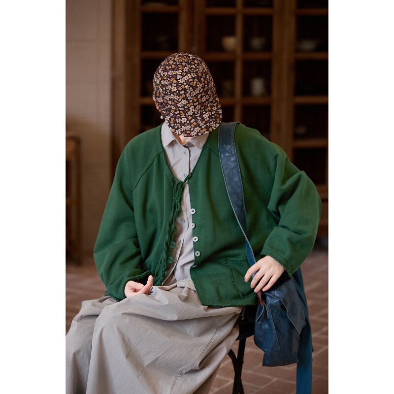 New Season Retro Original Artistic Pine Green Long Plush Casual Loose Top Cotton Soft Q-Elastic Knit Cardigan