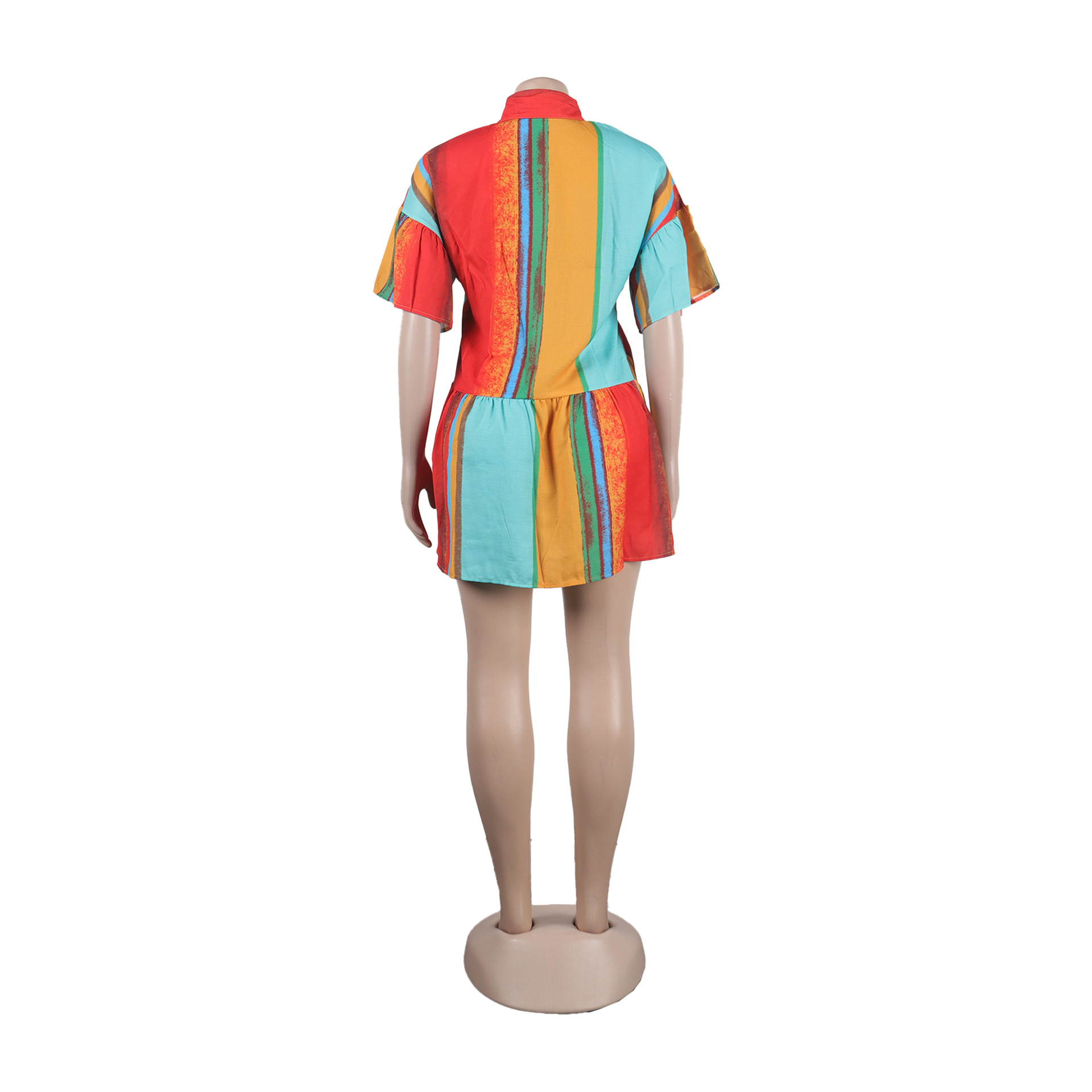 Slim Fit Printed Color Contrast Patchwork Short Dress Colorful Coat Short Sleeve Shirt Dress