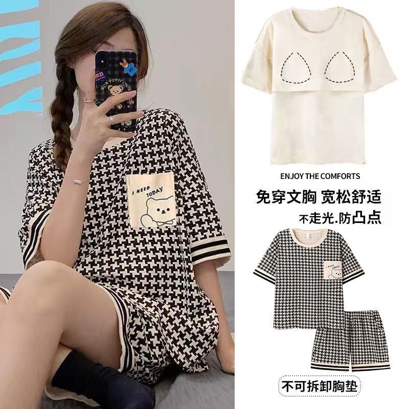 胸パッド付き女性用夏用純綿パジャマ、純綿スーツ、半袖ショーツ、漫画の新しい夏スタイル、屋外で着用できるホーム服|undefined