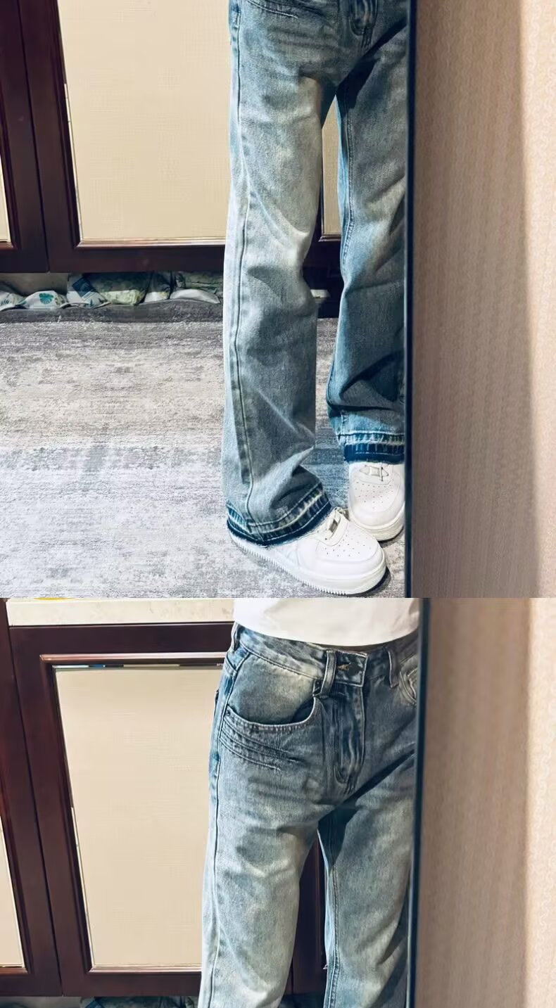 Teen Washed Denim Jeans American Style Summer Trendy Unisex High Street Loose Straight Leg Pants mid Waist Blue Long Non-Stretch_mkmklike.com