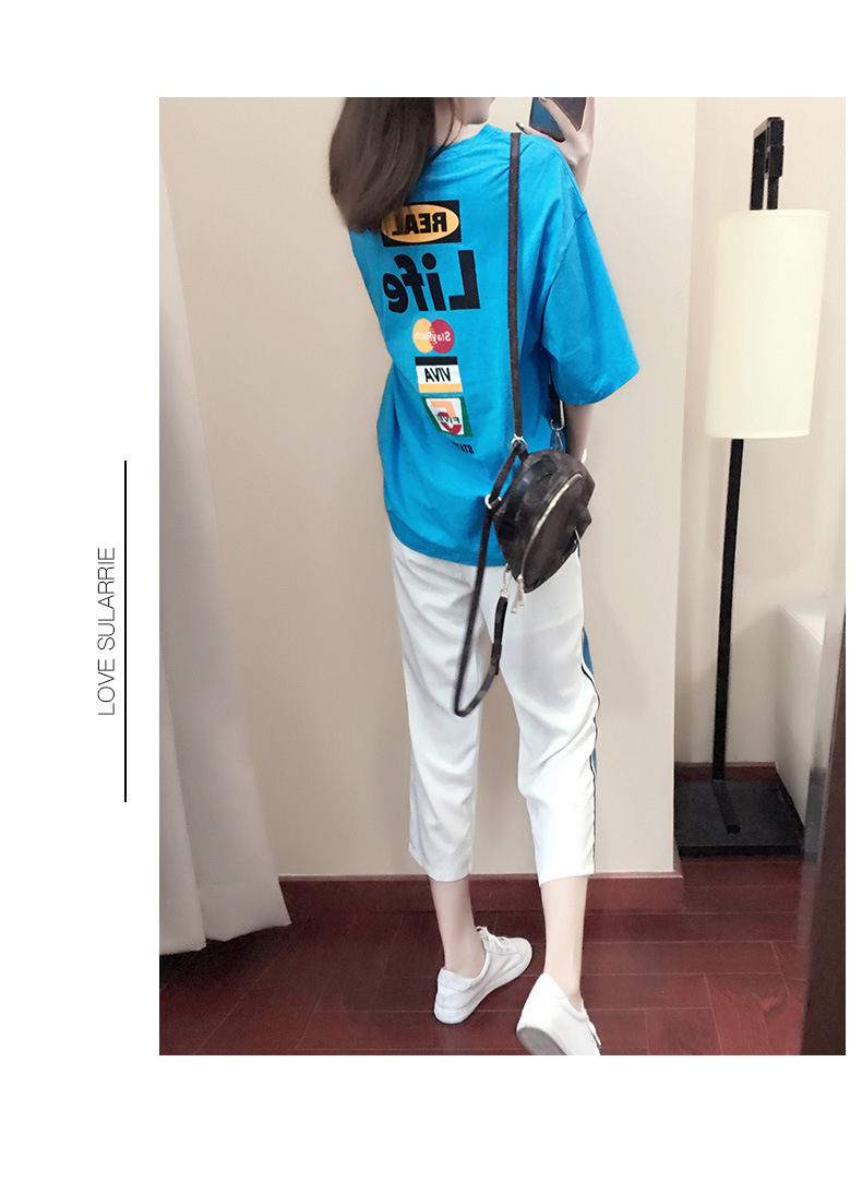 Summer Sports Women's Loose Casual Comfortable Printed Short Sleeve T-Shirt Color Block Jogger Nine-point Pants_voghion.com