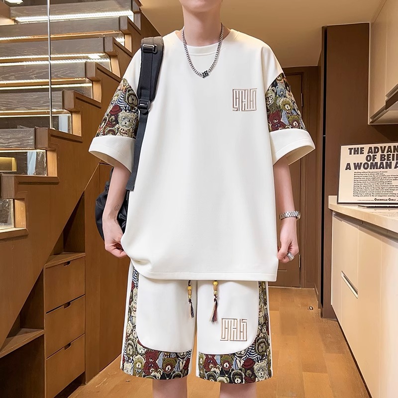 Chinese Style Embroider Splicing Three-Quarter Sleeve Men's Summer Short-Sleeved Suit Chinese Style Trendy Casual Shorts Men's T-Shirt