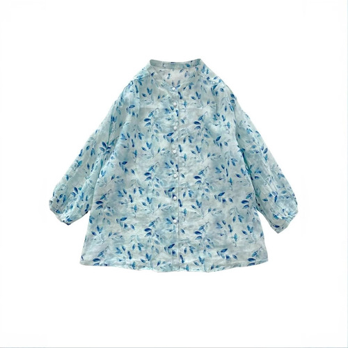 Women's new summer shirt, loose, retro stand-up collar, literary and fresh blue-green floral seven-hole sleeve