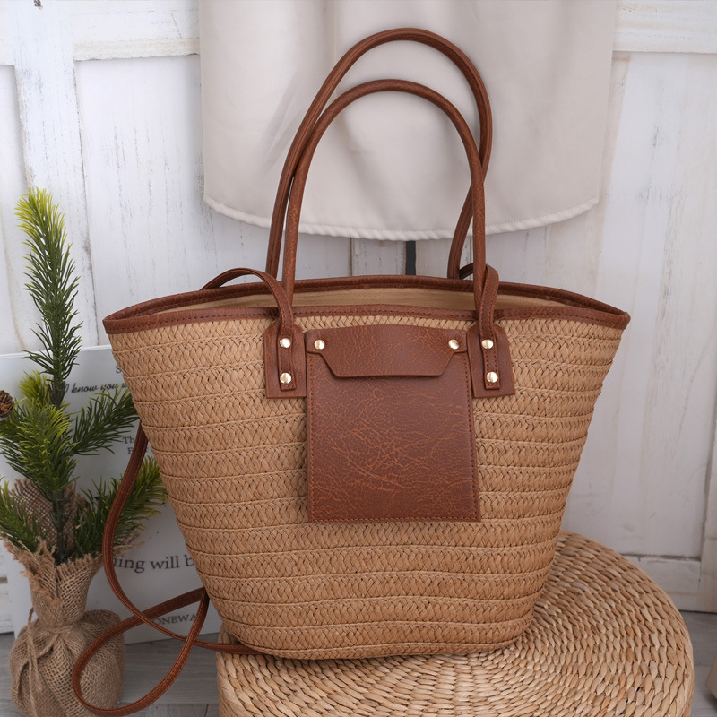 Handmade Rattan Shoulder Bag With Leather Trim Eco-friendly Basket_voghion.com