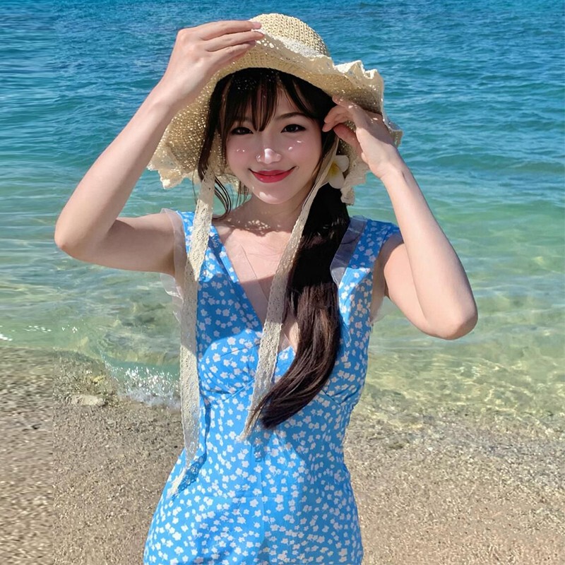 ティーブレイクフレンチフローラルVネックノースリーブドレス女性用夏の海辺の休暇気質Aラインユニークで美しい小さなスカート|undefined