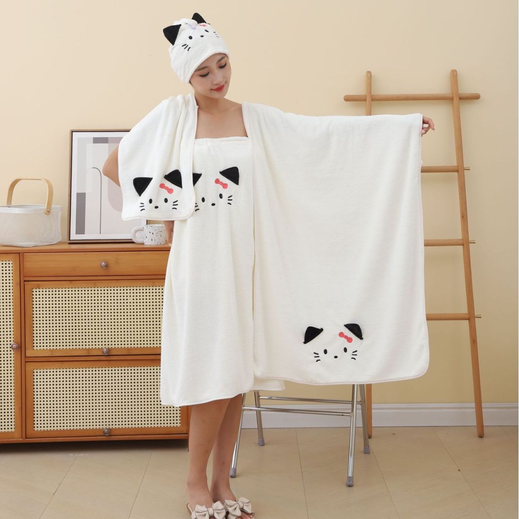 Coral velvet embroidered bath towel set, absorbent, wearable or wrap-around bath robe, for adults and girls, household shower towels