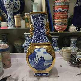 景德镇陶瓷仿古花瓶青花人物镀金赏瓶中式纯手绘精品瓷器制定收藏