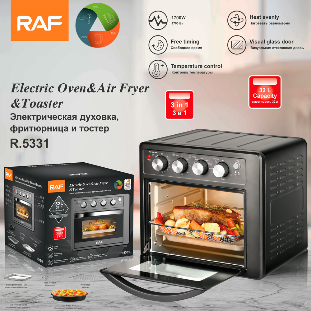Horno transfronterizo de gran capacidad estándar europeo RAF, freidora de aire multifuncional tres en uno de alta potencia doméstica, conductor de escupir 32L