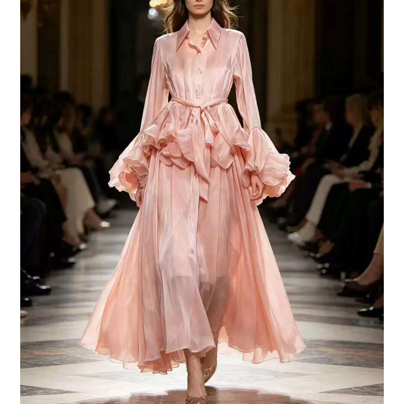 European-style elegant and luxurious skirt suit for women, featuring a ruffled bell-sleeve shirt and a long skirt two-piece dress