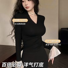 法式V领荷叶袖正肩性感气质上衣女春秋款纯欲修身内搭打底衫批发