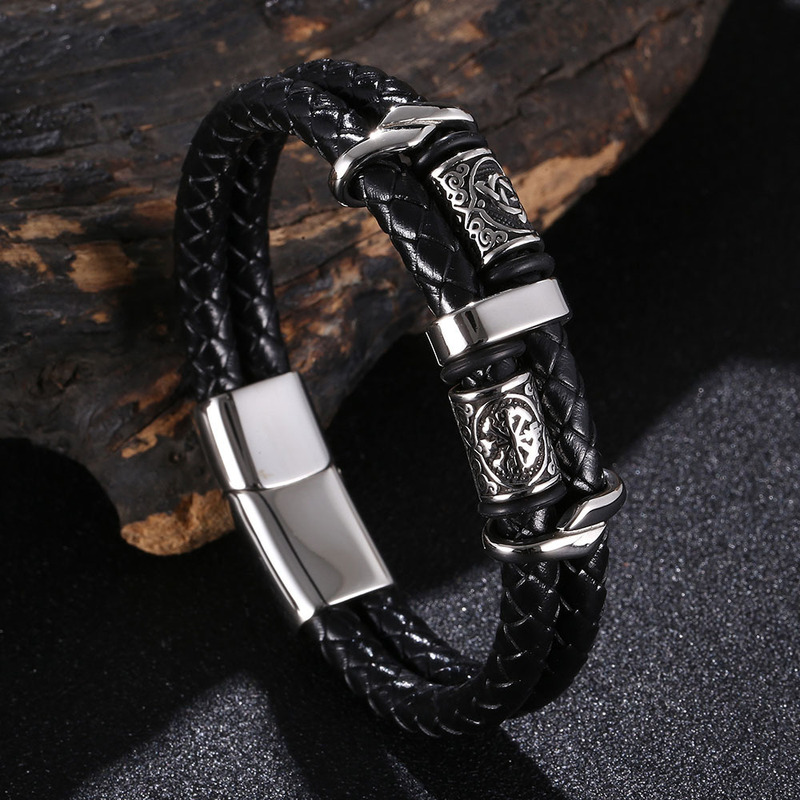 Cross-border Explosions Handmade Black Leather Stainless Steel Fashion Bracelet Nordic Viking Beaded Men's Charm Bracelet