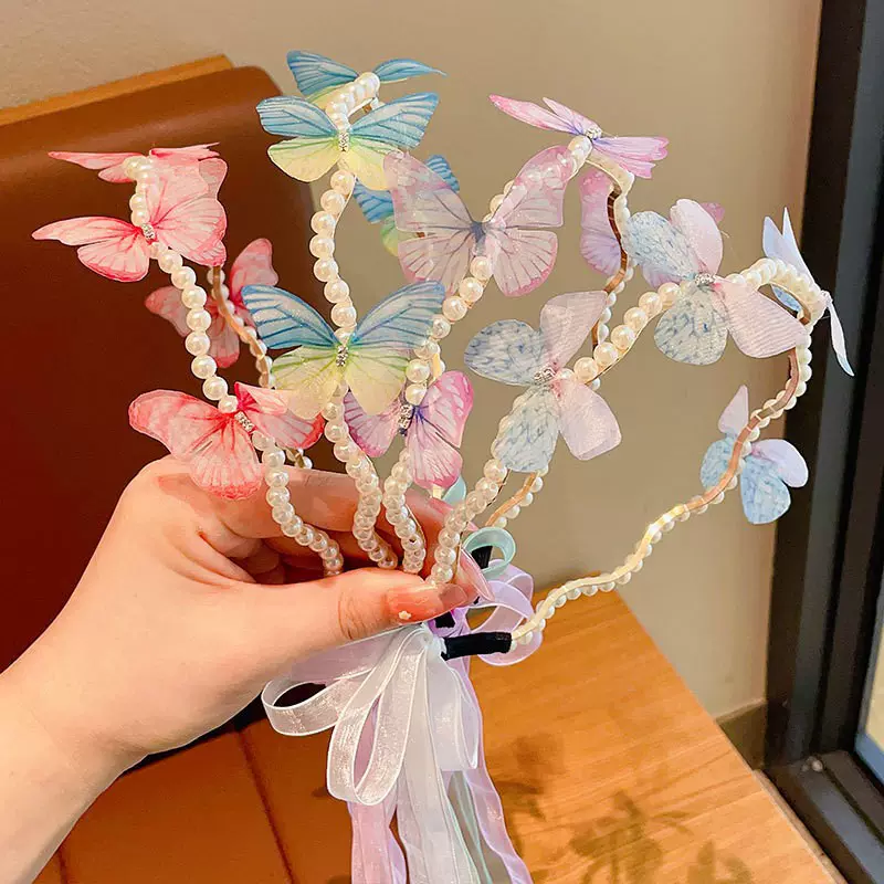 跨境女儿童飘带蝴蝶头箍发卡头饰珍珠发箍编发夹带不勒头发发饰品