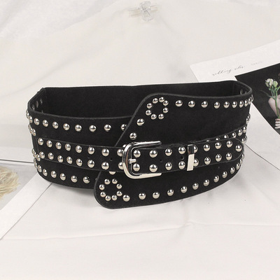 歐美時尚松緊腰封女鉚釘裝飾百搭配裙子毛衣西裝朋克風彈力寬腰帶