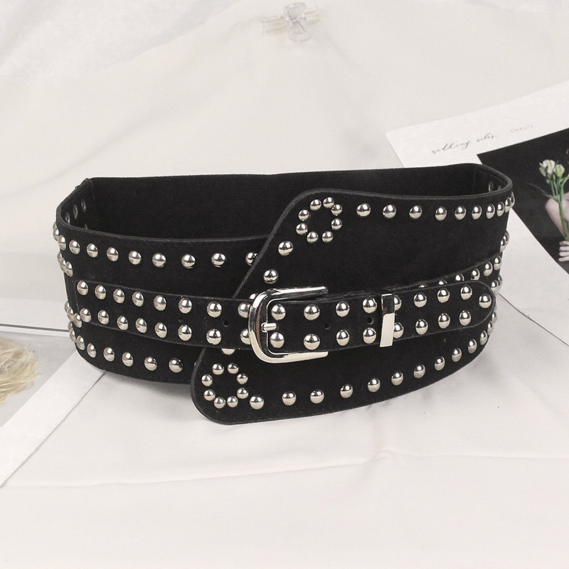 歐美時尚松緊腰封女鉚釘裝飾百搭配裙子毛衣西裝朋克風彈力寬腰帶