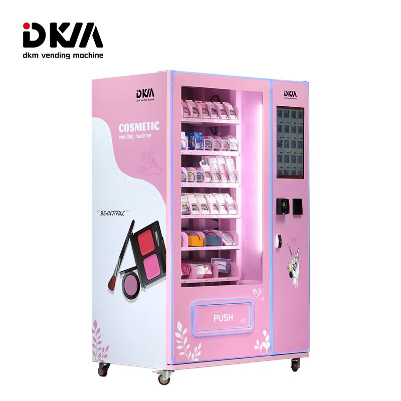 DKM box-packaged eyelashes and hair brushes pressed onto nails for sale in beauty and cosmetics vending machines