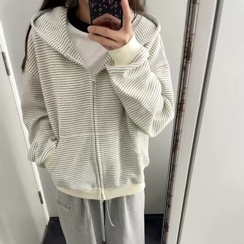 Korean-style padded striped hooded sweatshirt jacket for women, 2025 new arrival loose long-sleeved top for autumn and winter