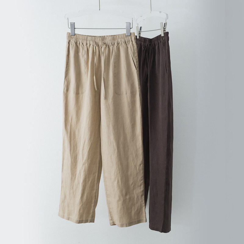 Pure Hemp Straight-Leg Cropped Pants with Drawstring Elastic Waist, Lightweight, Versatile, Simple, Artistic, Comfortable, Casual Pants for Women, Summer 5625