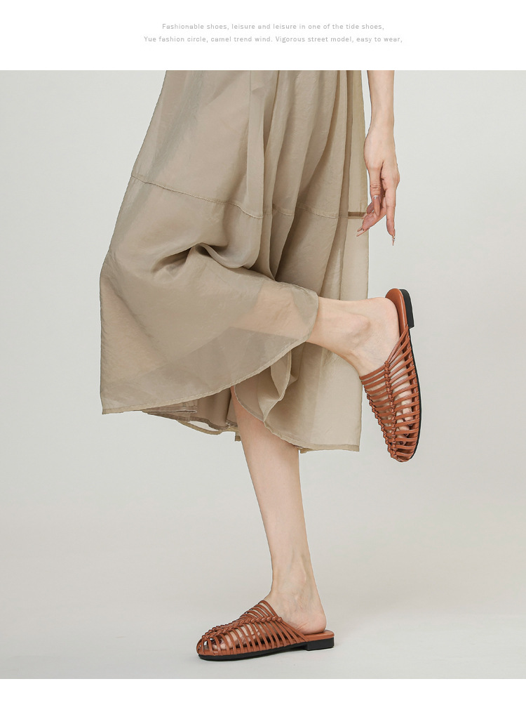 Hand-woven Open-toe Hollow Flat Mule Sandals For Summer Outdoor Wear, Lazy Slip-on Women's Shoes_vogvips.com