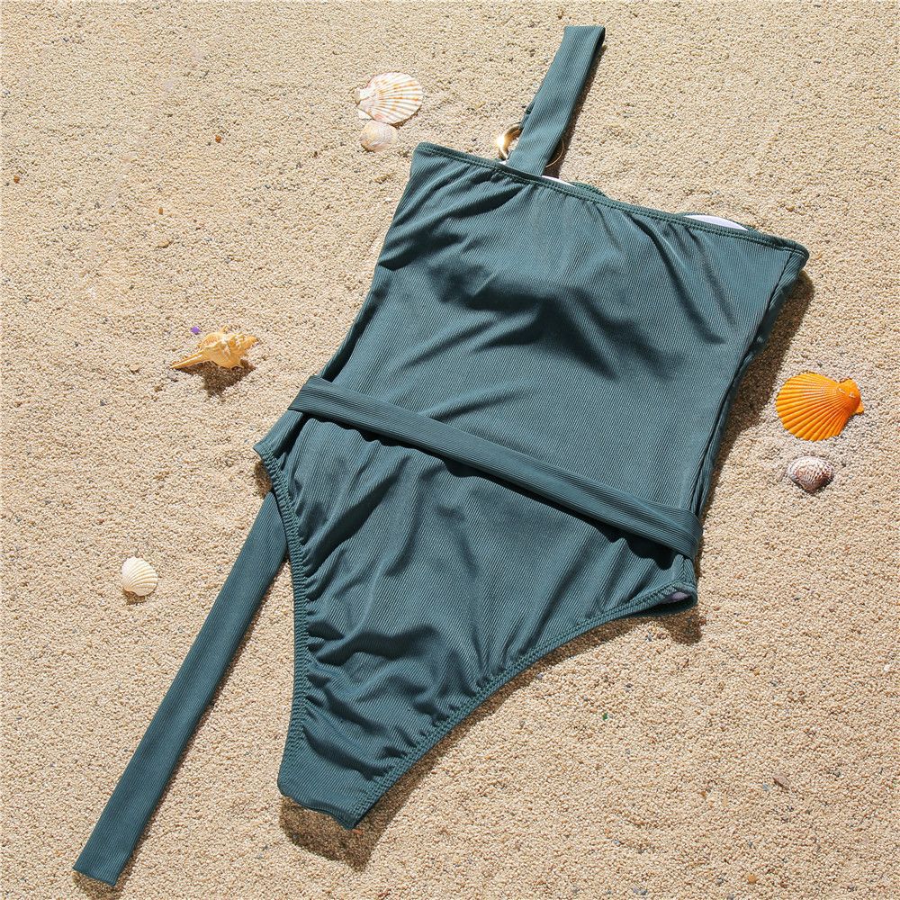 Sexy Solid Color One Shoulder Slim Thread Fabric One Shoulder Swimsuit - One Shoulder Swimsuit - Uniqistic.com