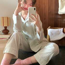 2026早春新款韩系淡绿简约条纹睡衣休闲少女小翻领家居服套装批发