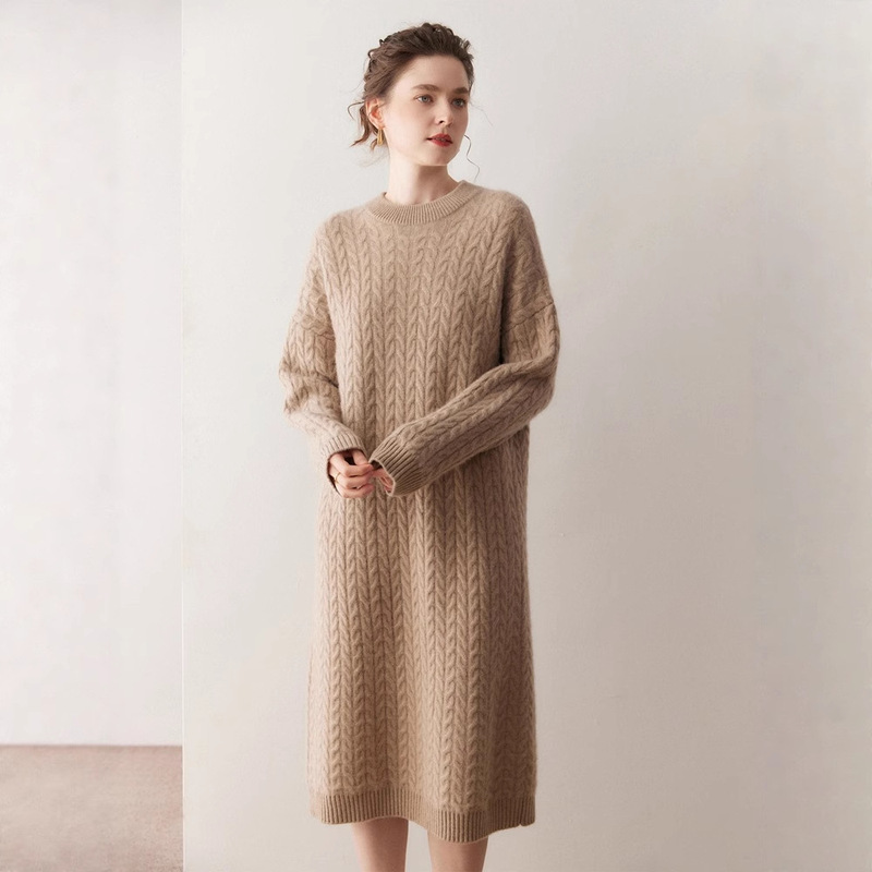 Lazy Style~Loose 100% Pure Cashmere Sweater Long Women's Twist Thickeneded Sweater Dress Round Neck Knitted Dress