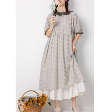 森系娃娃领碎花连衣裙2023夏季新款日系减龄宽松大码短袖棉麻长裙