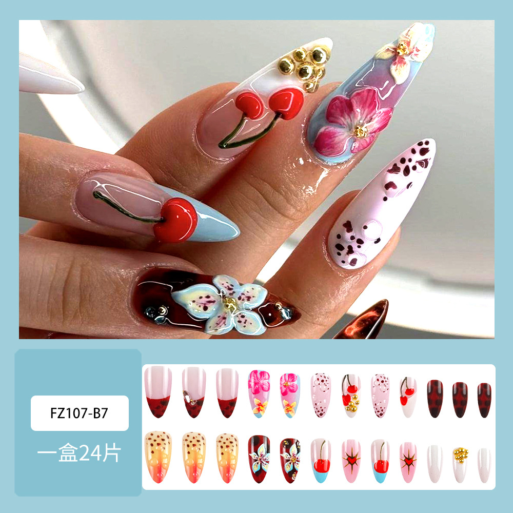 Ventas transfronterizas en relieve tridimensional perforación de uñas flores de cereza hermosas uñas 24 piezas parches de uñas terminados image 3
