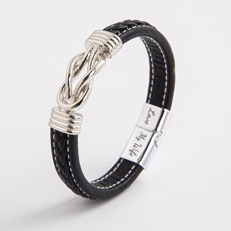 Amazon Cross-Border Bracelet European and American Punk Men's Leather Bracelet Fashionable Versatile Titanium Steel Braided Leather Bracelet Wholesale