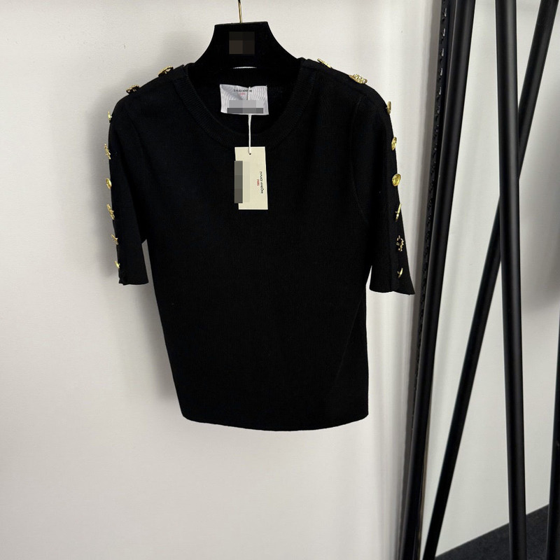 Shenzhen Nanyouhuo High-End Foreign Trade New Style Short-Sleeved Knit Top with Irregular Gold Button Decoration