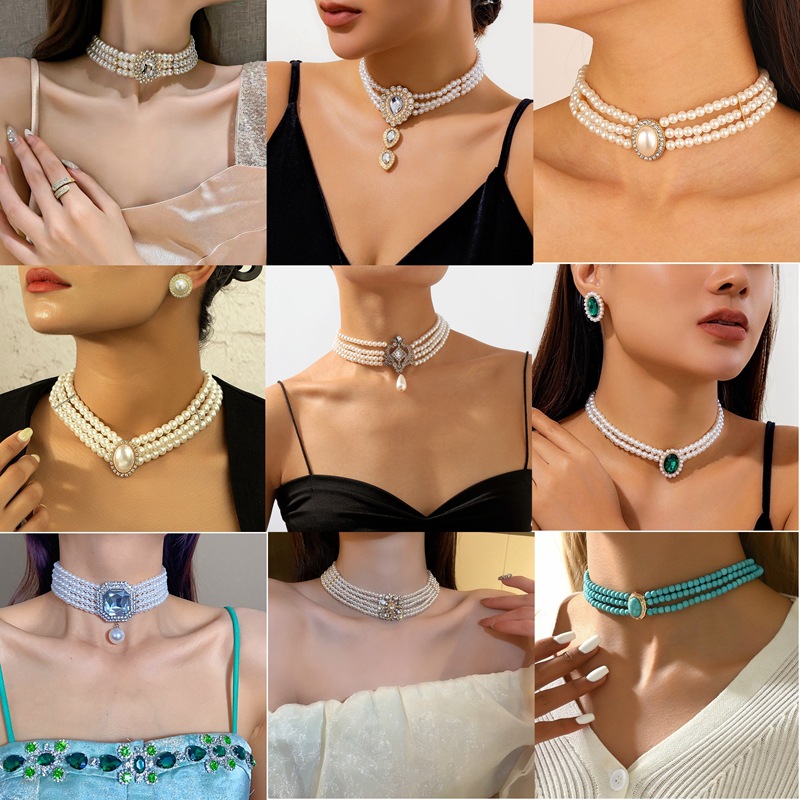 South Korea Vintage Pearl Diamond Tassel Neck Chain Cyber Celebrity Elegant Design Sense Flower Bow Clavicle Chain Necklace for Women