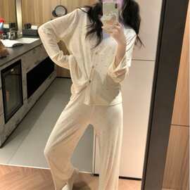 韩国ins女士新款睡衣女韩系简约彩色圆点休闲舒适套装针织家居服