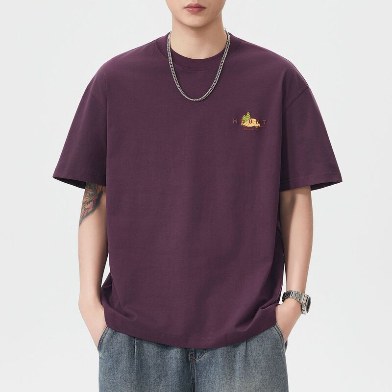 Shanggu Men's Clothing Summer Hot-Selling Heavyweight Pure Cotton Men's T-Shirt with Embroidery, Fashionable Loose Fit, Versatile Round Neck, Large Size Short Sleeve Shanggu Men's Clothing Summer Hot-Selling Heavyweight Pure Cotton Men's T-Shirt with Embroidery, Fashionable Loose Fit, Versatile Round Neck, Large Size Short Sleeve