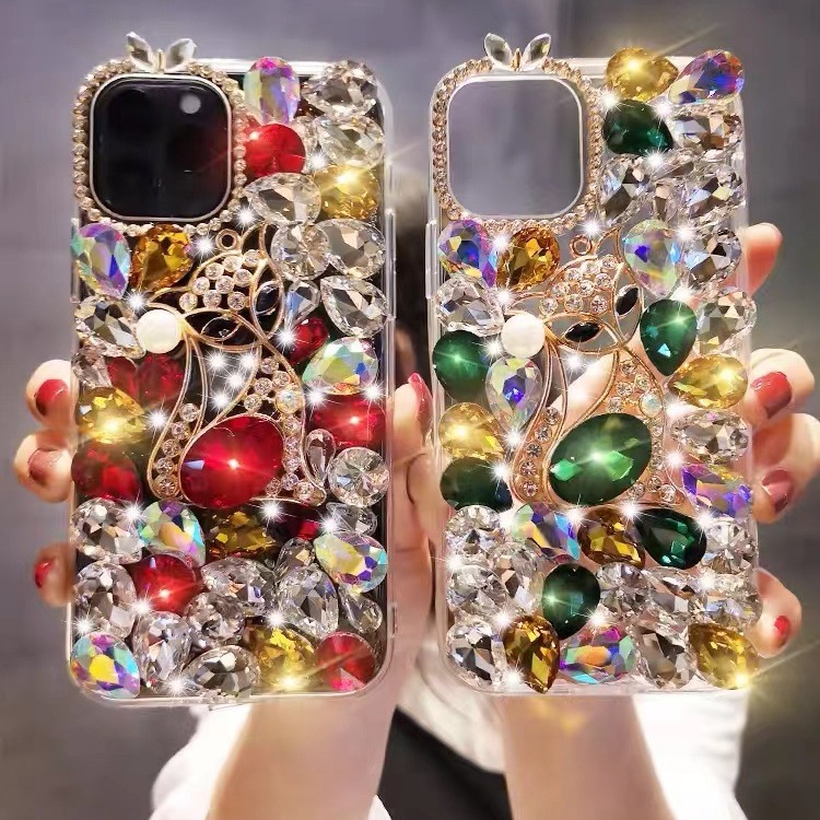 适用iPhone1345promax狐狸满钻手机壳苹果16奢花水钻保护套奢钻