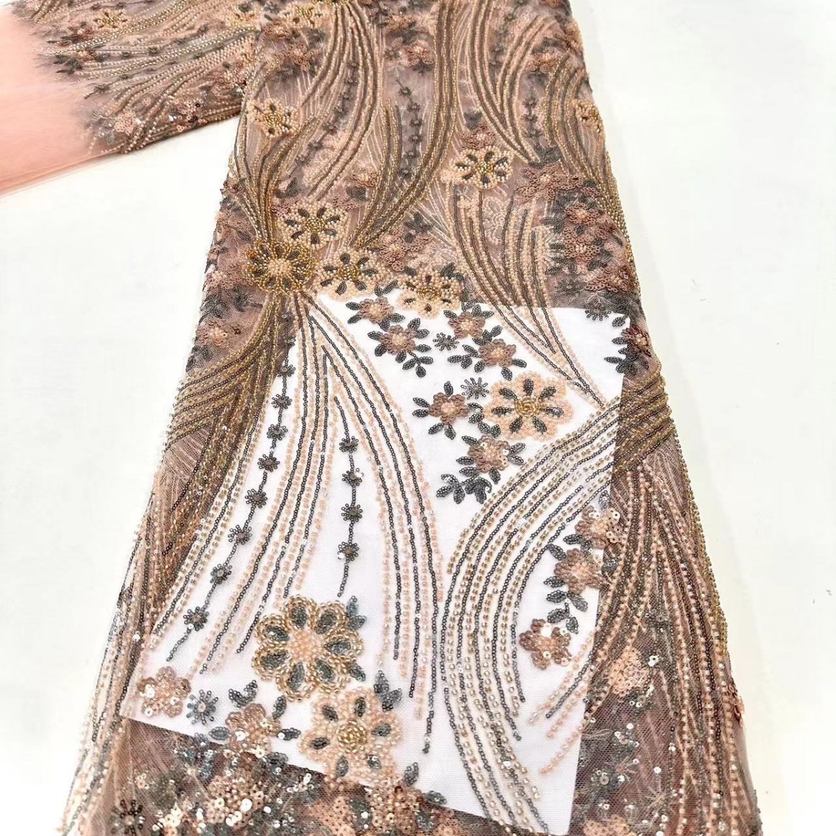 Vestido de boda francés bordado tubo de perlas vestido de boda pesado cheongsam vestido de noche vestido de encaje tela bordada en stock