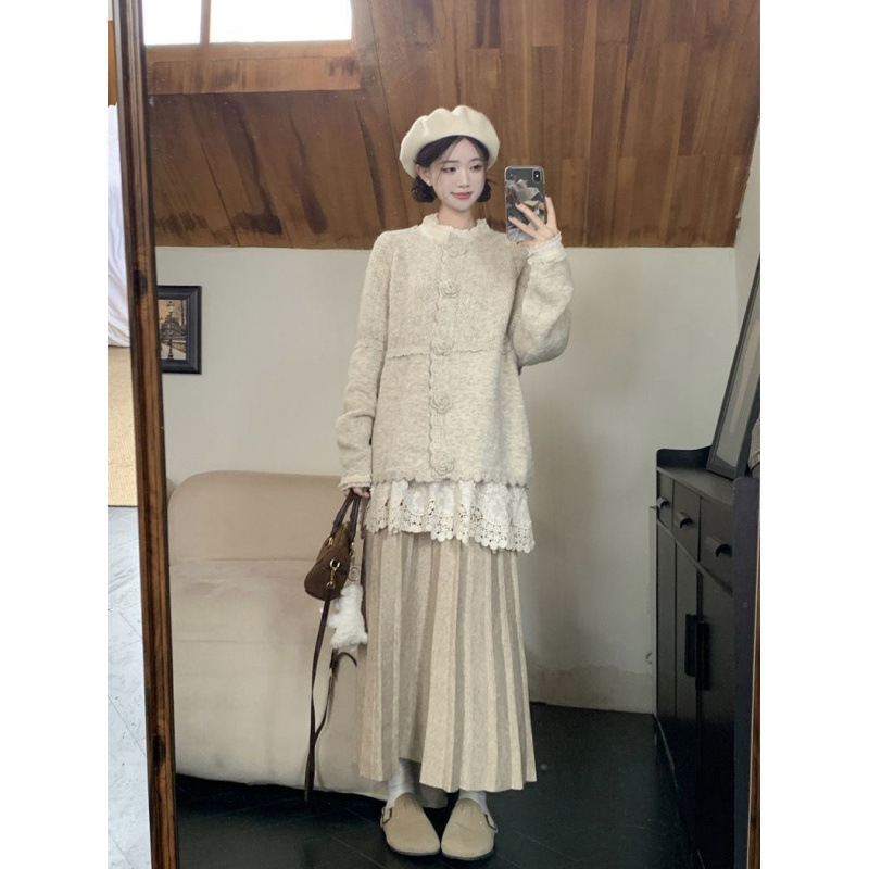 温柔风套装秋冬新款花朵针织毛衣外套叠穿打底衫半身裙女冬三件套