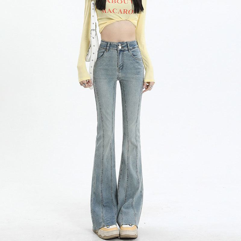 Stretch Denim Flared Pants for Women, Nostalgic Double-Button Design, Spliced ​​High-Waisted Slim-Fitting Horseshoe Retro Pants