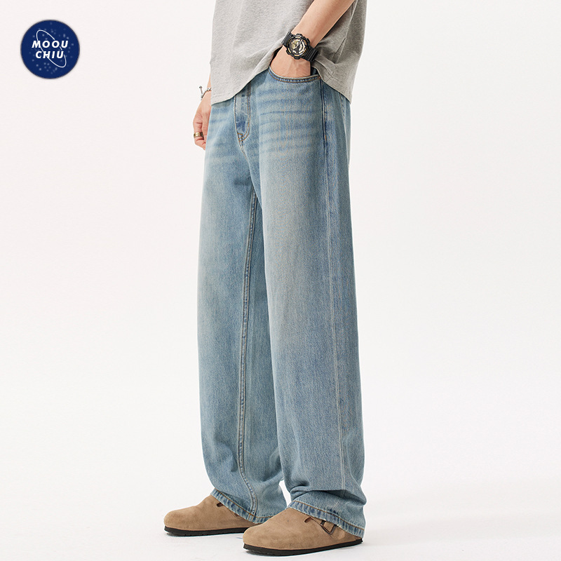 Muqiu Clothing | 2025 Summer Thin Cool Ice Silk Jeans Men's American Style Loose Straight Washed Long Pants_mkmklike.com