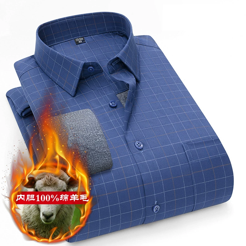 Новая стильная шерстяная теплая рубашка для мужчин в клетку, деловой повседневный зимний вариант для мужчин среднего возраста, утепленная рубашка с флисовой подкладкой.