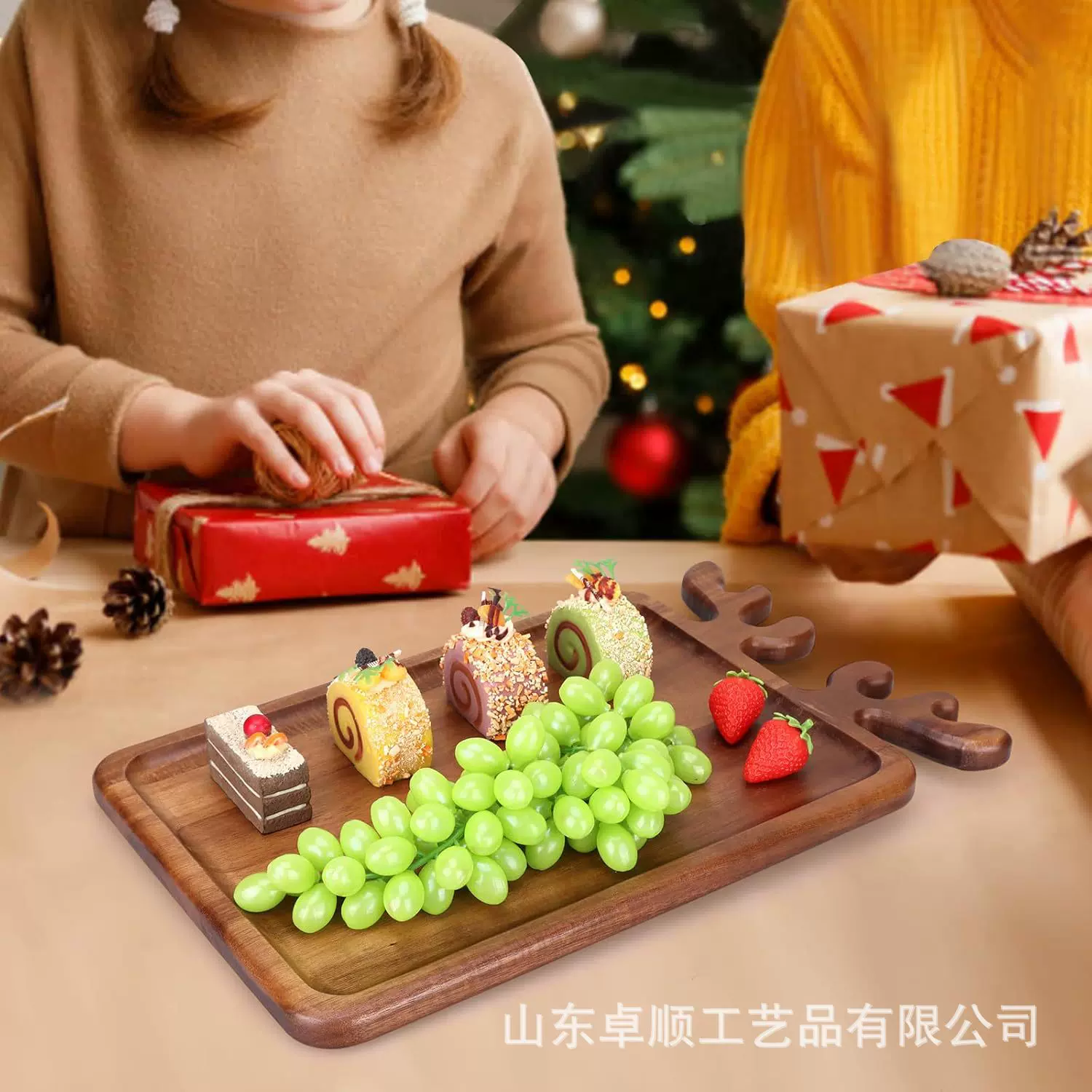 相思木餐盘麋鹿造型长方形卡通托盘木质茶水盘下午茶甜品实木托盘